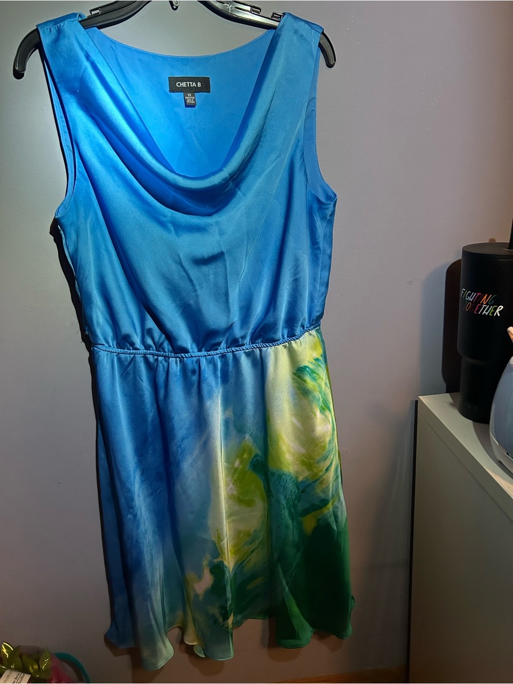 Chetta B Blue Midi Dress with Green and Yellow Watercolor Skirt